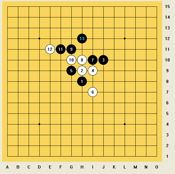 局面和一打白 10 防右 A 第二选点有点像. 区别是这里右上没有白子, 上面 13 双活二可以往右边继续攻. 如果一打的走法也很优势.